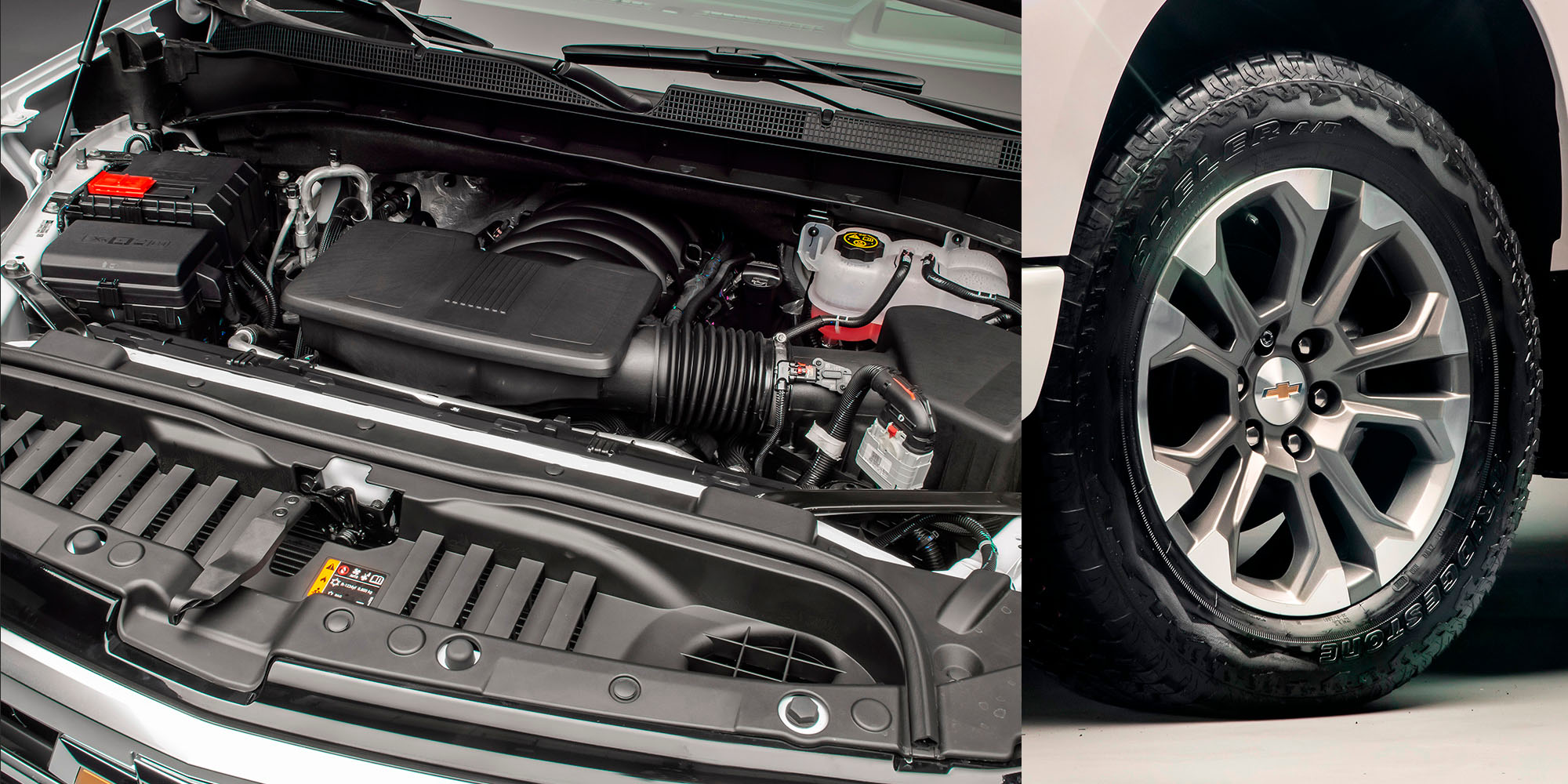 Motor V8 y rueda de la Chevrolet Silverado 2026.